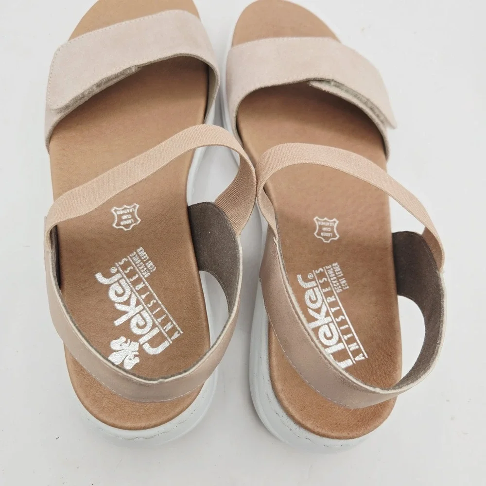 Rieker sandals size 10.5 rose gold small wedge elastic and hook and loop closure